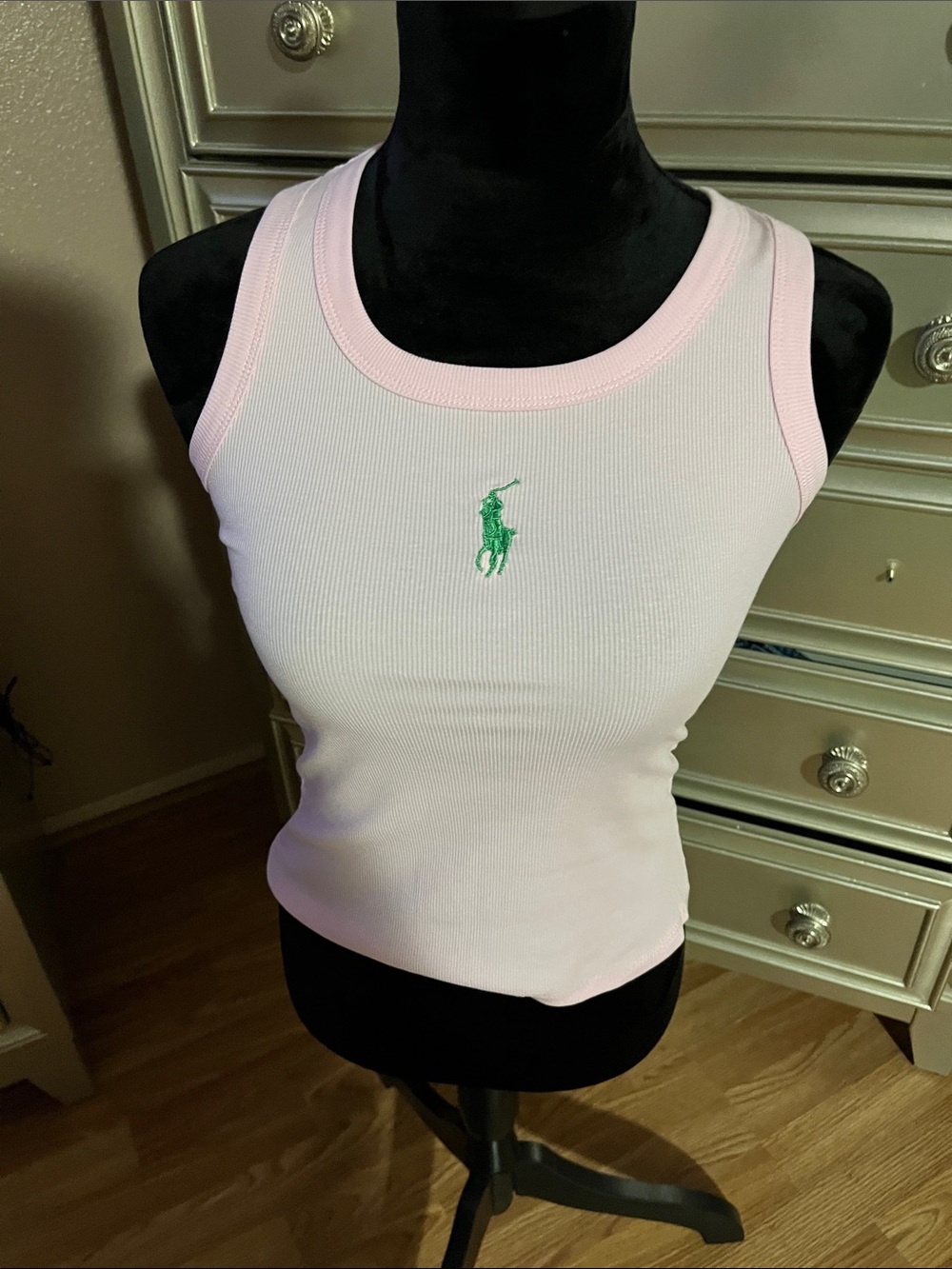 Ralph Lauren Light Pink Ribbed Tank with Green Polo Pony